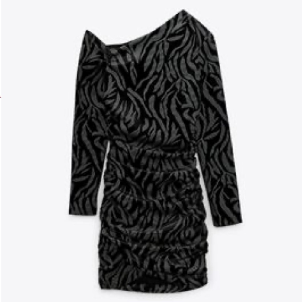 ZARA BLACK & SILVER ONE SHOULDER VELVET MINI DRESS SMALL NWT - Picture 7 of 14